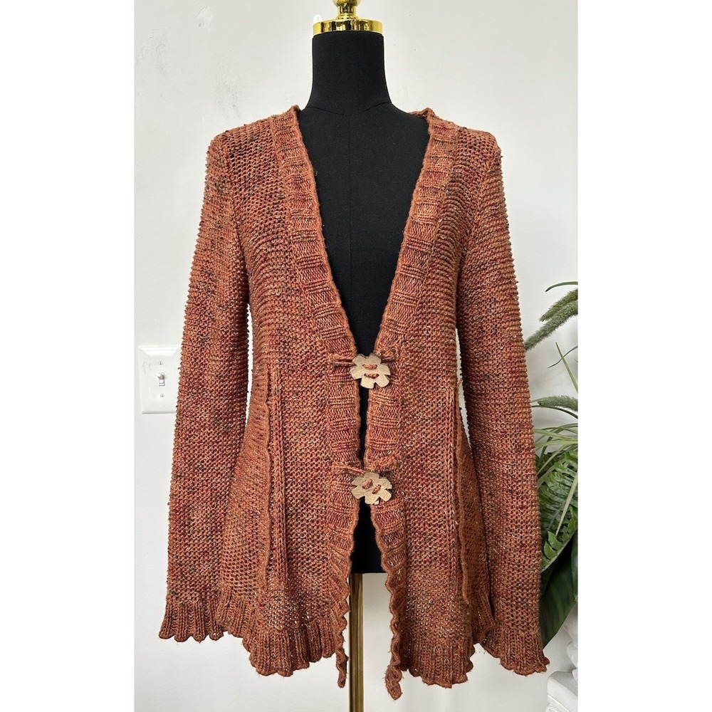 BCBGMAXAZRIA Rust Orange Hippie Cardigan Sweater Wood Flower Button Y2K‎ Boho XL